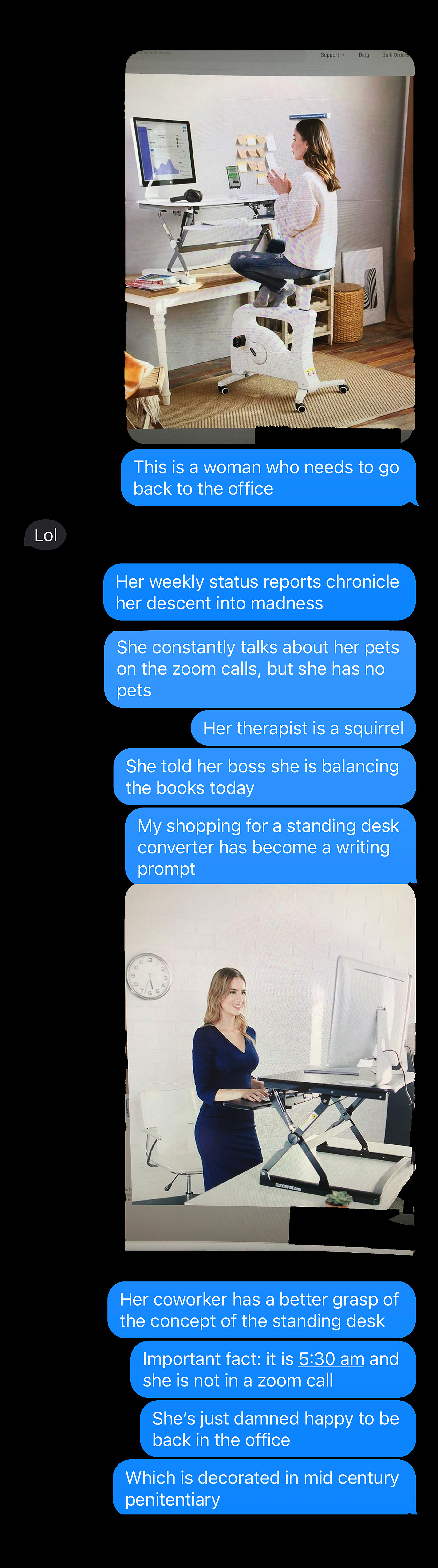 A text exchange about a woman's descent into madness working from home.