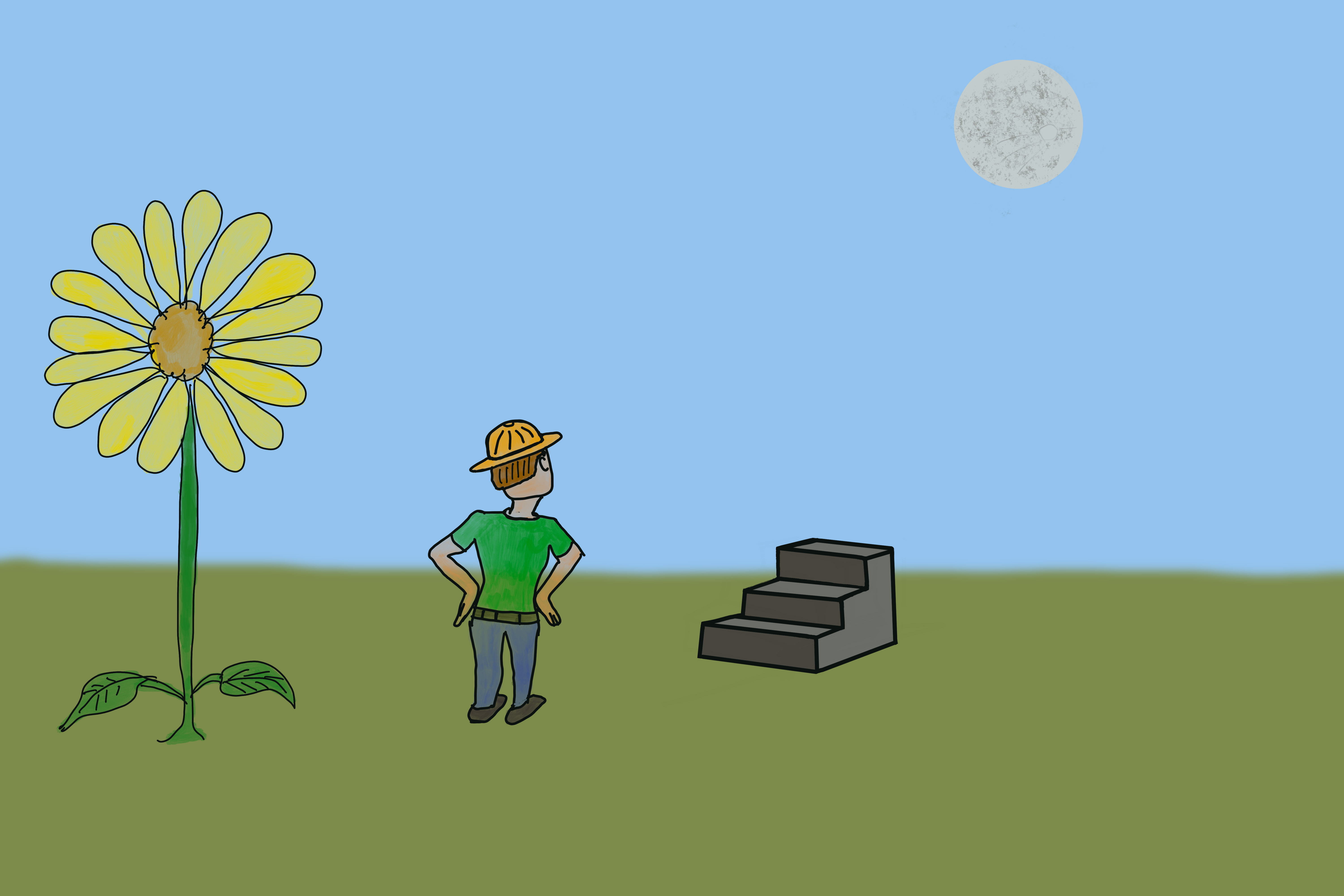 Almost there. Six inch tall man testing the prototype of his stairway to the moon.